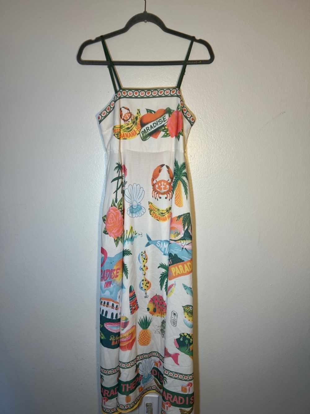 Tropical whimsical Beach Print Maxi Dress in Ivory, Green, Pink, Yellow S/M